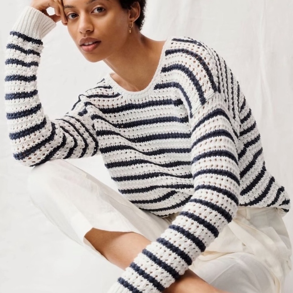Madewell White and Navy Striped Crochet Crewneck Sweater